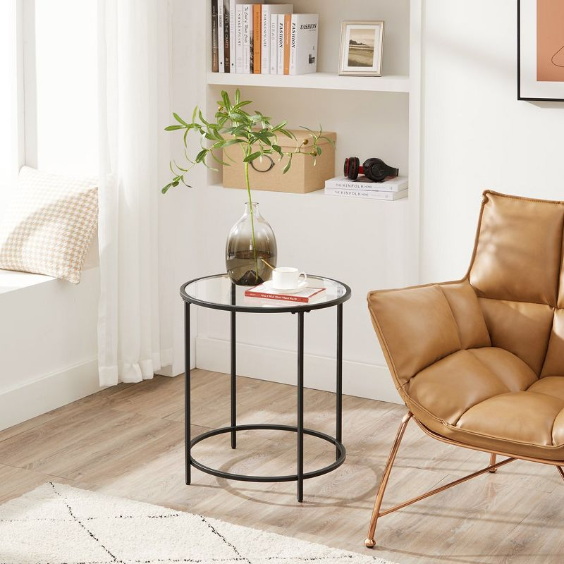 VASAGLE Round Side Table, Glass End Table with Metal Frame, Black Coffee Table with Modern Style Black
