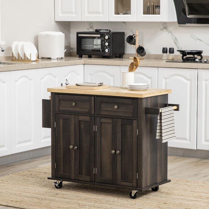 HOMCOM Kitchen Island on Wheels, Rolling Cart with Rubber Wood Top, Spice Rack, Towel Rack & Drawers for Dining Room, Brown Oak