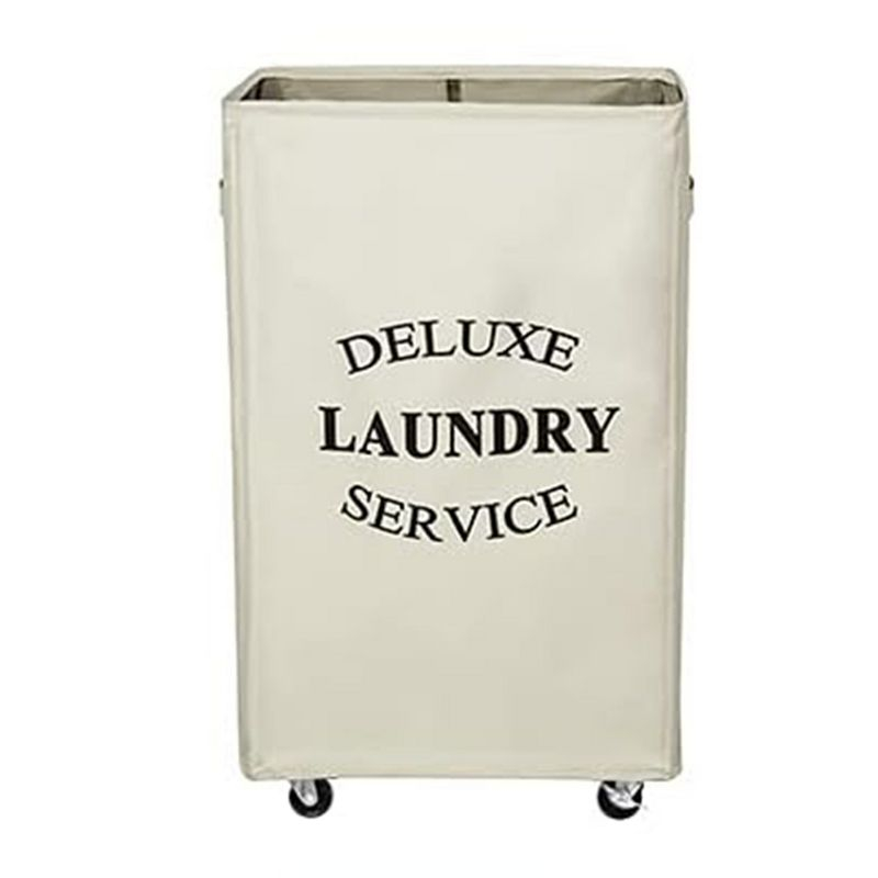 WOWLIVE 90L Foldable Rectangular Deluxe Laundry Service Rolling Clothing Hamper Basket with Lockable Wheels for Laundry or Storage, Beige