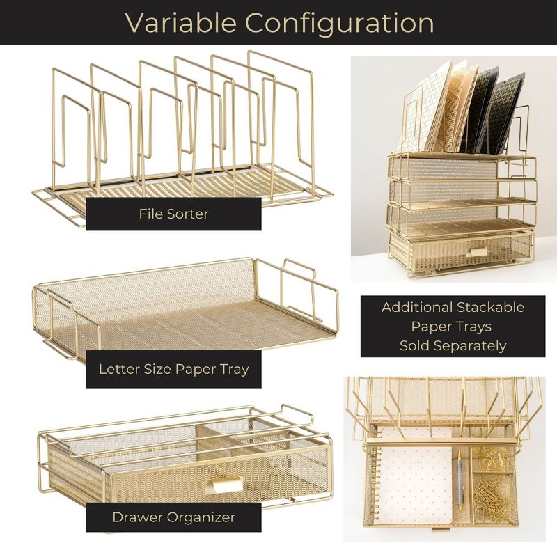 Blu Monaco Gold Desk Organizer - Includes Detachable File Organizer, Stackable Paper Tray & Drawer, Office Supplies for Desk