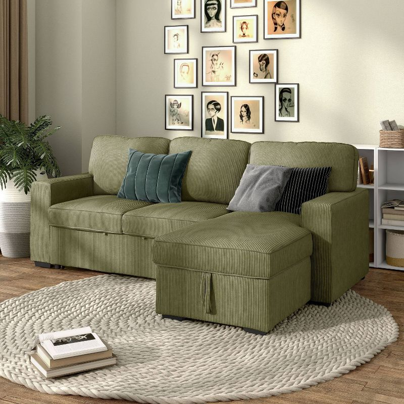HOMES: Inside + Out Paeke Sleeper Sectional Sofa Corduroy with Storage Chaise and Reversible Green