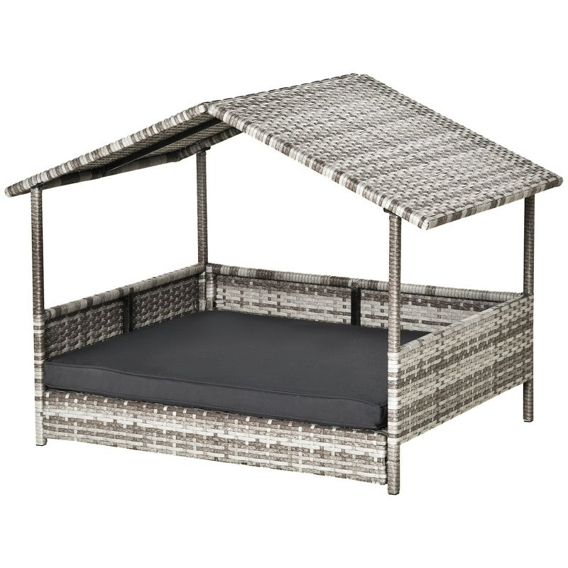 PawHut Wicker Dog House Elevated Raised Rattan Bed for Indoor/Outdoor with Removable Cushion Lounge, Charcoal Gray