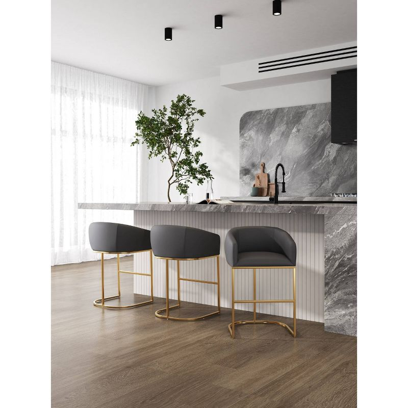 Manhattan Comfort Set of 3 Louvre Upholstered Stainless Steel Counter Height Barstools Gray: Faux Leather, Curved Back, Footrest