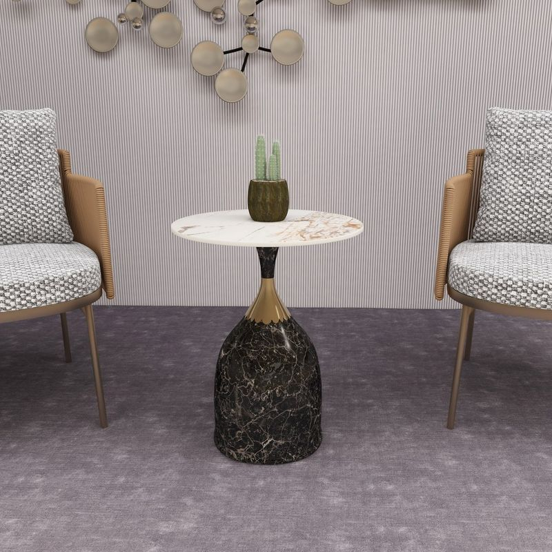 LeisureMod Side Table Round Sintered Stone Top Modern Accent Table with Stainless-Steel Base Chic End Table Oslo Series in Marbled Brown