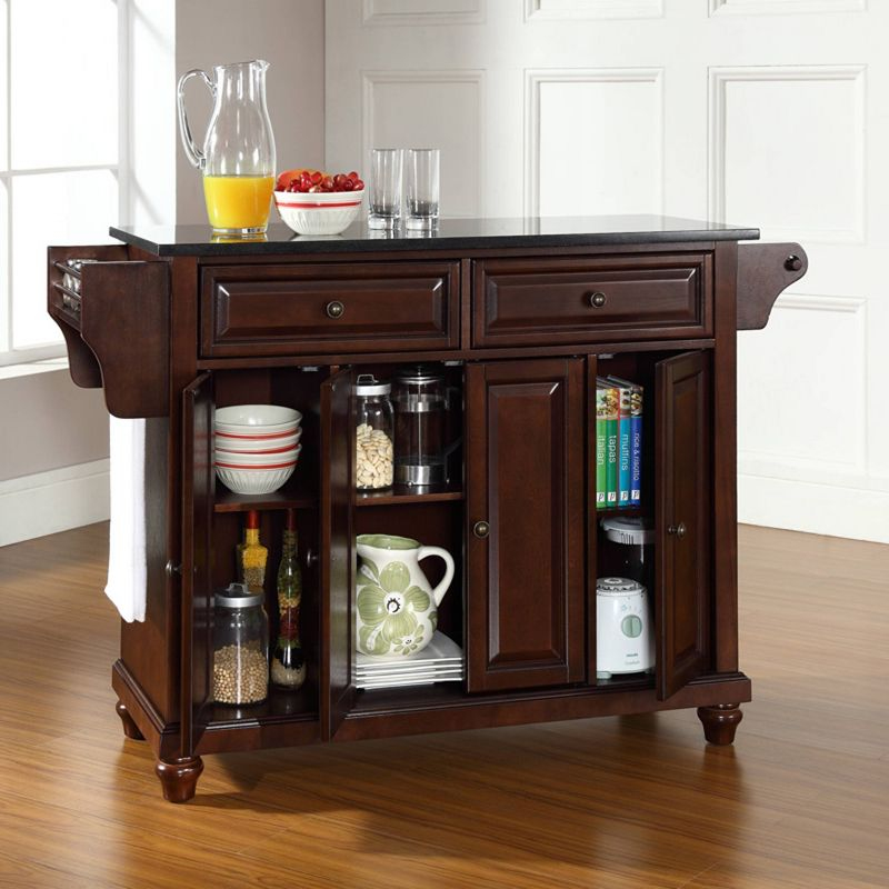 Cambridge Black Granite Top Full Size Kitchen Island/Cart Mahogany - Crosley: With Cabinets, Spice Rack, Towel Holder