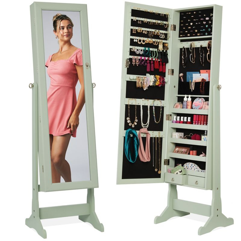 Best Choice Products Jewelry Armoire Cabinet, Full Length Mirror w/ Velvet Storage Interior, Lock - Sage