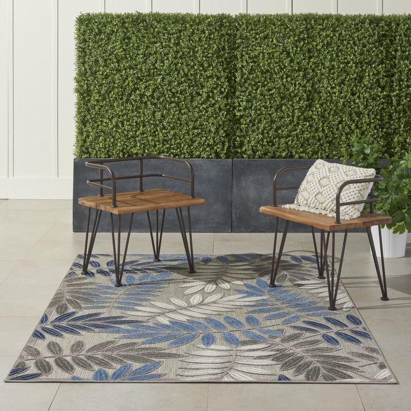 Nourison Aloha Floral Leaf Flatweave High-Low Indoor Outdoor Area Rug Grey/Blue 5'3" x 7'5"