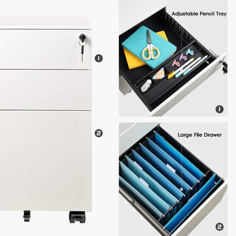 Locking File Cabinet, 3 Drawer Rolling Pedestal Under Desk Office, Fully Assembled Except Casters, White