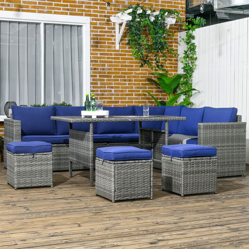 Outsunny 7 Piece Patio Furniture Set, Outdoor L-Shaped Sectional Sofa with 3 Loveseats, 3 Ottoman Chairs, Dining Table, Cushions, Storage, Dark Blue
