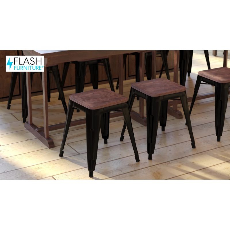 Flash Furniture 18" Backless Table Height Stool with Wooden Seat, Stackable Red Metal Indoor Dining Stool, Commercial Grade - Set of 4
