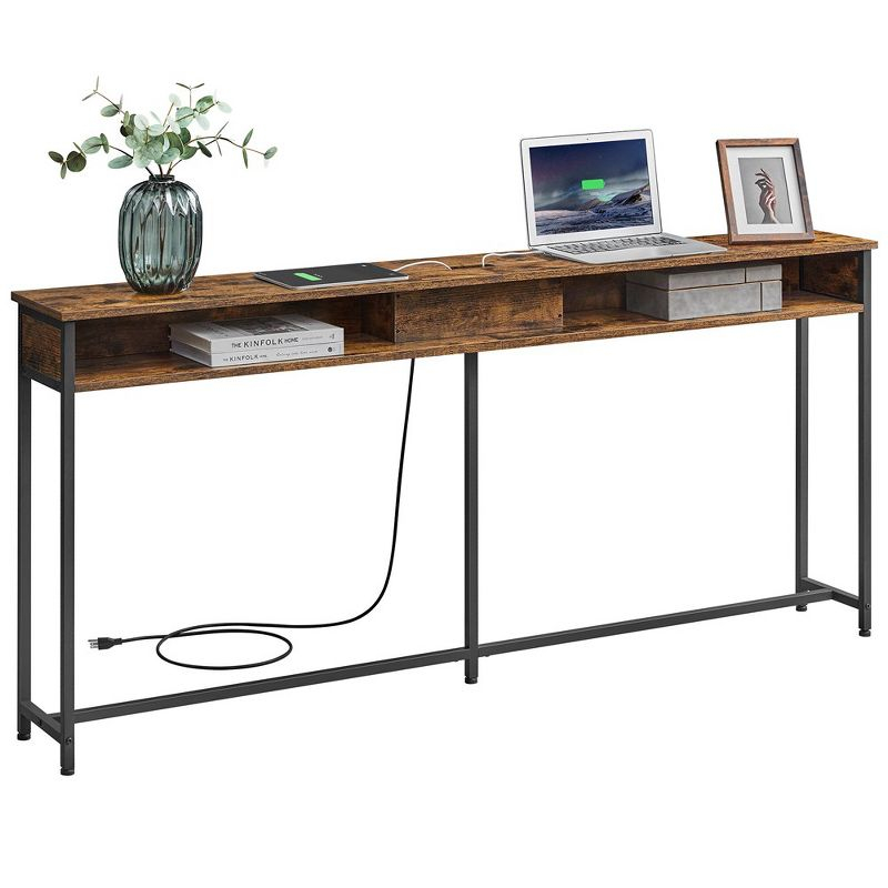 VASAGLE Narrow Console Table 70.9" with 2 Outlet and 2 USB Ports Sofa Table with Charging Station Long Entryway Table Rustic Brown and Black