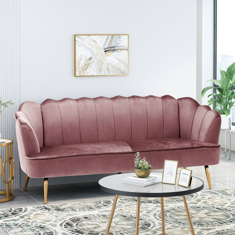Reitz Modern Glam Velvet Channel Stitch 3 Seater Shell Sofa Blush Pink/Gold - Christopher Knight Home: Durable Iron Legs, Polyester Upholstery