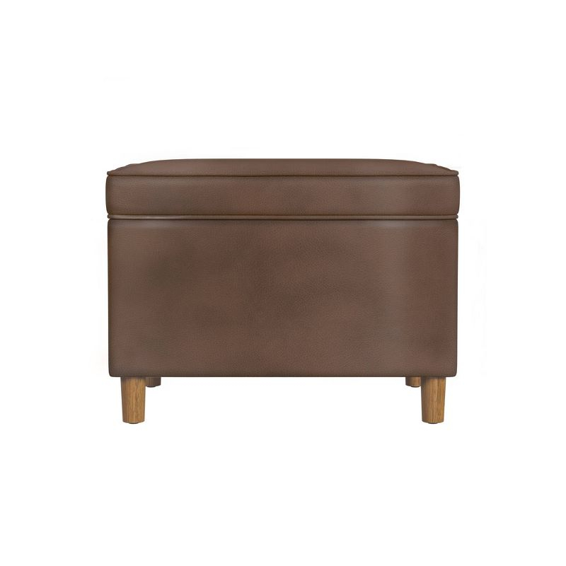 24" Dinah Storage Ottoman Brown Faux Leather - HomePop: Honey Oak Legs, Soft-Close Hinge, Footstool
