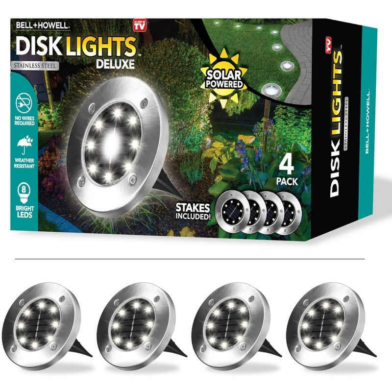 Bell + Howell 8 LED Solar Powered Disk Lights, 4 Pack, Outdoor Pathway Lights, Waterproof, Auto On/Off, Rust Resistant