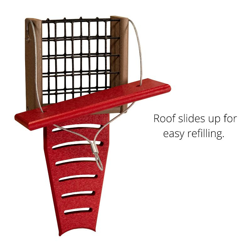 JCs Wildlife Red/Tan Recycled Poly Lumber Single Suet Feeder Tail Prop Bird Feeder - Holds 1 Suet Cake - Long Lasting Suet Cage Feeder