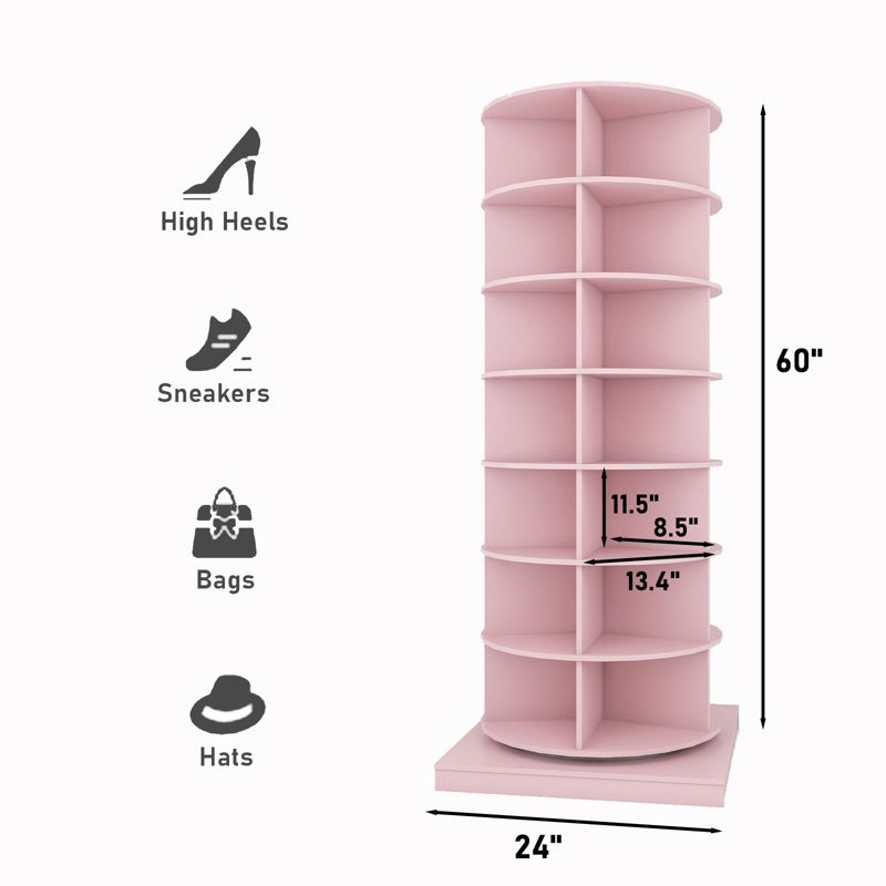Rotating Shoe Rack Tower 360, Spinning Shoe Rack Tower 7 Tier for Closet, Entryway, Tall Shoe Storage Organizer, Holds Up to 28 Pairs of Shoes Pink