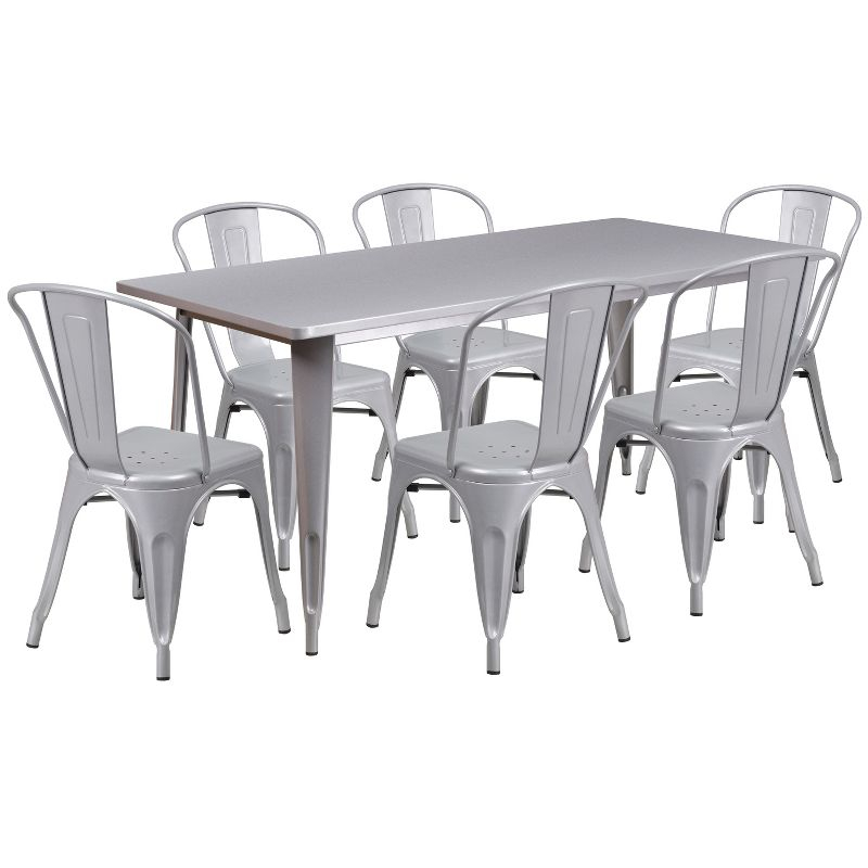 Flash Furniture Commercial Grade 31.5" x 63" Rectangular Silver Metal Indoor-Outdoor Table Set with 6 Stack Chairs