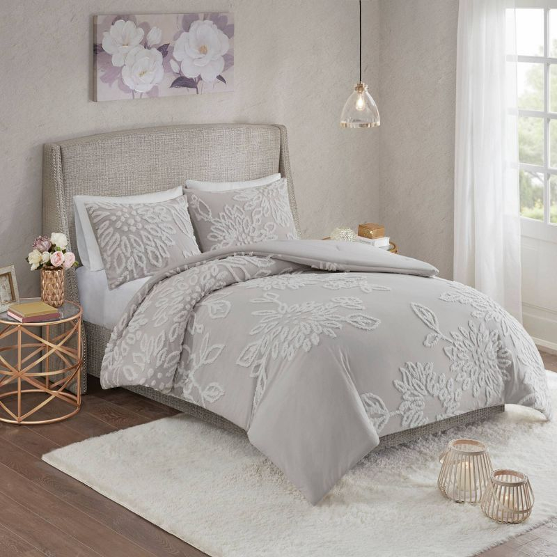 3pc Full/Queen Danica Tufted Cotton Chenille Floral Duvet Cover Set Gray/White - Madison Park