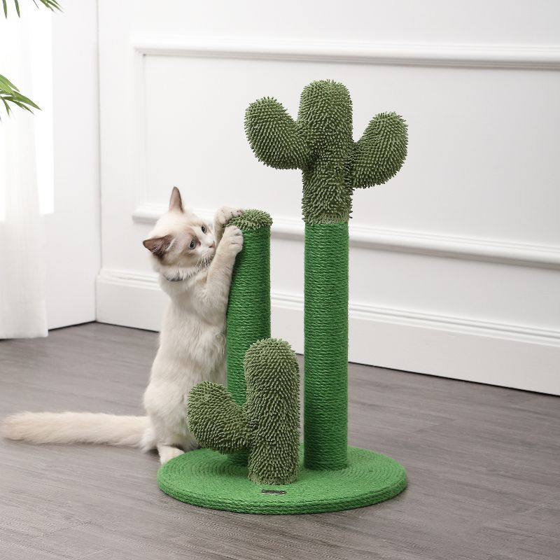 Marfa 25.25" Modern Jute Triple-Cactus Cat Scratching Post with Fuzzy Toy, Green