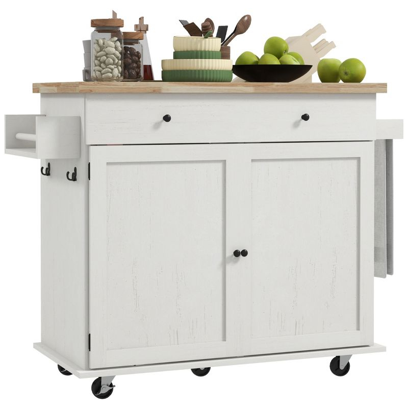 HOMCOM Rolling Kitchen Island with Storage Drawer, Wood Breakfast Bar Kitchen Island Cart 2 Doors, Spice Rack, Towel Racks and 2 Hooks, White