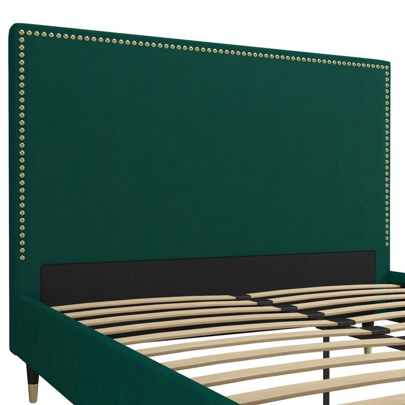 CosmoLiving by Cosmopolitan Queen Audrey Velvet Upholstered Bed Emerald Green: Luxury Glam Style, No Box Spring Needed