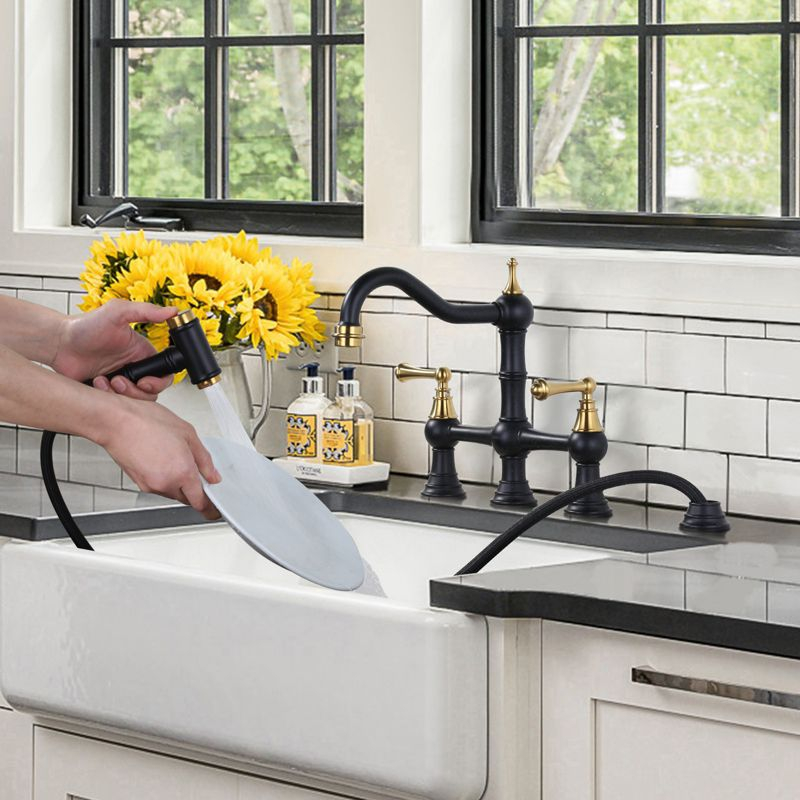 WOWOW Double Handle Bridge Kitchen Faucet with Side Sprayer in Gold and Black