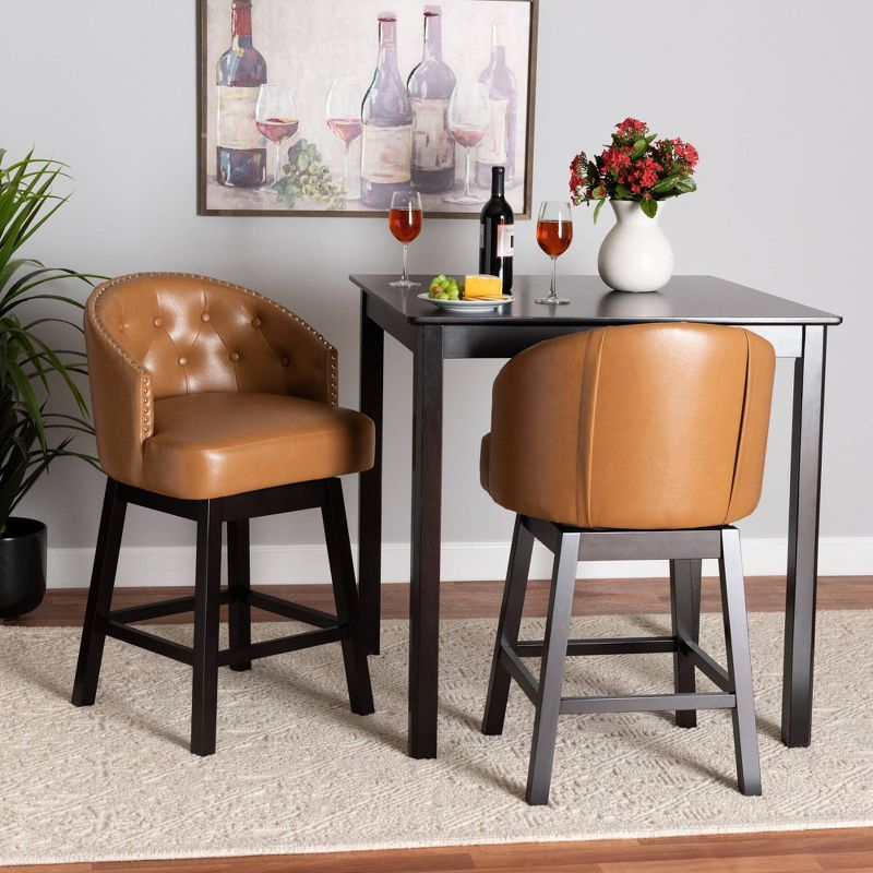 2pc Theron Faux Leather and Wood Swivel  Counter Height Barstool Set Tan/Espresso Brown - Baxton Studio: Mid-Century, Button-Tufted, Nailhead Trim