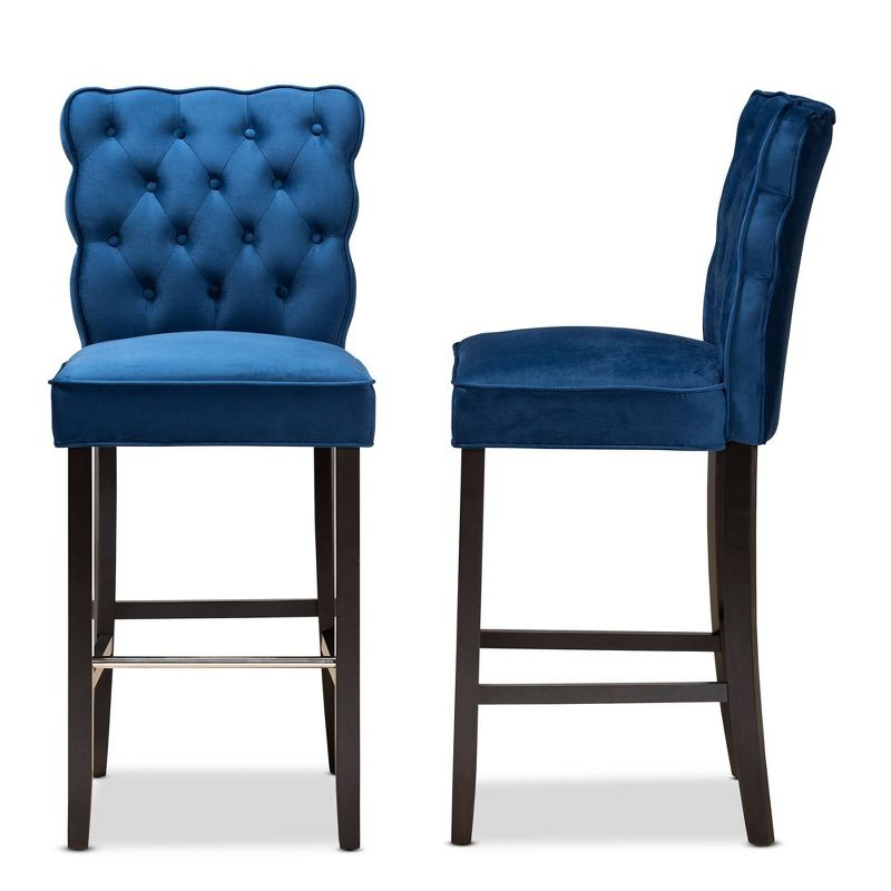 2pc Daphne Velvet Fabric Upholstered and Wood Counter Height Barstool Set Blue/Brown - Baxton Studio: Elegant Polyester Seating
