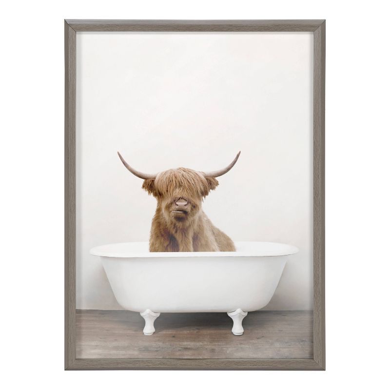 18" x 24" Blake Highland Cow in Tub Color Framed Printed Glass by Amy Peterson Art Studio Gray - Kate & Laurel All Things Decor