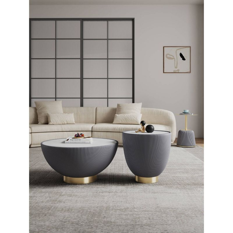 Manhattan Comfort 3pc Anderson Leatherette Upholstered Coffee Table and End Table Set: Gold Metal Finish, Round Shape