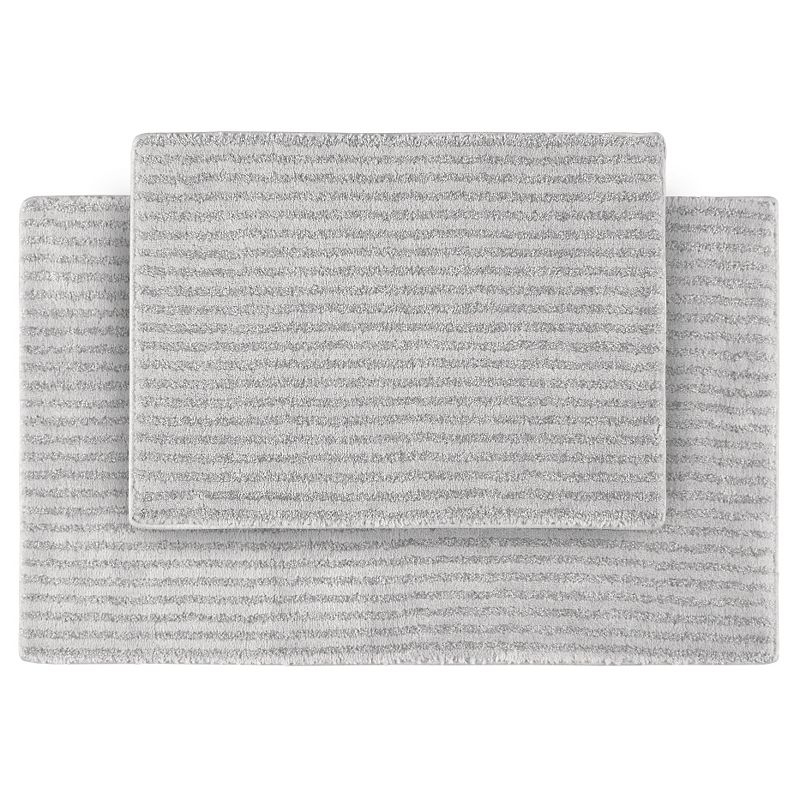 2pc Sheridan Plush Washable Nylon Bath Rug Set Platinum Gray - Garland: Non-Slip, Machine Made, Striped Design