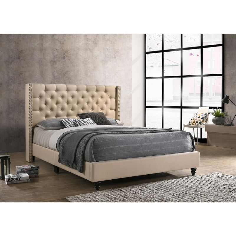 Passion Furniture Julie Beige Tufted Upholstered Low Profile Queen Panel Bed