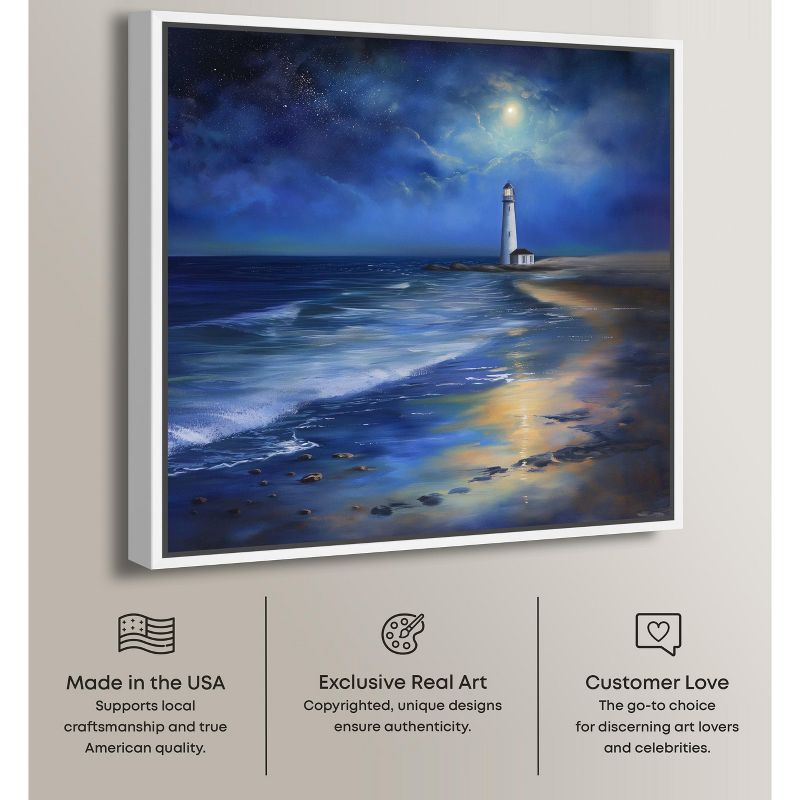 Art Remedy Lighthouse at Night Chic Coastal Wall Art, 12" x 12", White Frame