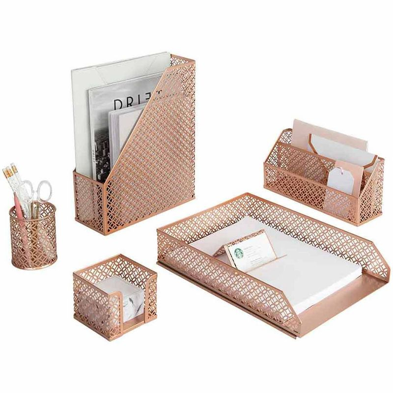Blu Monaco 6 Piece Rose Gold Desk Organizer Set - Desk Sets- Office Set- Rose Gold Desk Accessories - Desktop Organization
