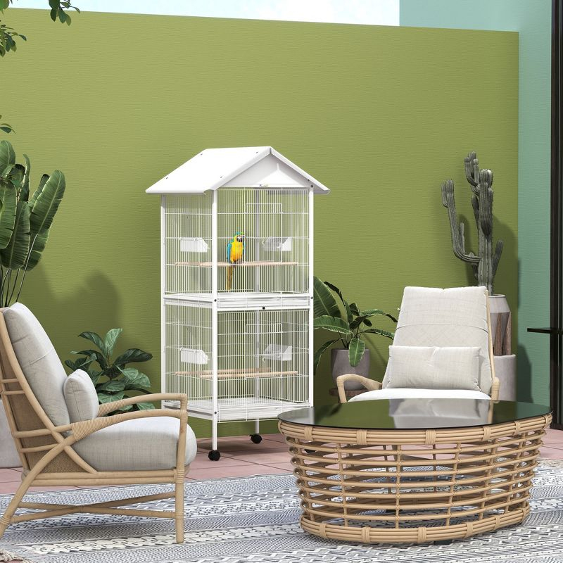 PawHut Wrought Metal Bird Cage Feeder with Rolling Stand Perches Food Containers Doors Wheels 67" H, White