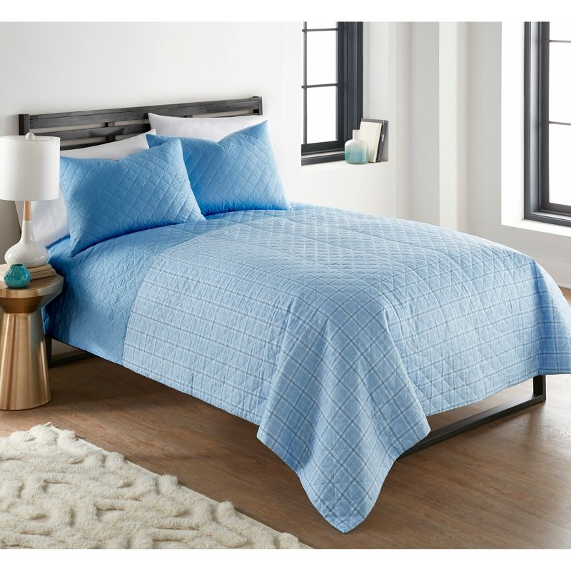 Shavel Home Products Seersucker 6-in-1 Quilt Set, King, Carlton Plaid Blue