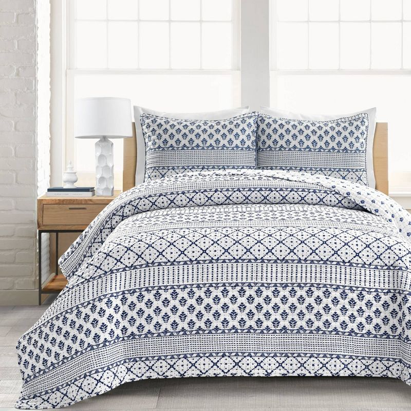 Full/Queen 3pc Monique Stripe Quilt Set  Navy/White - Lush Décor