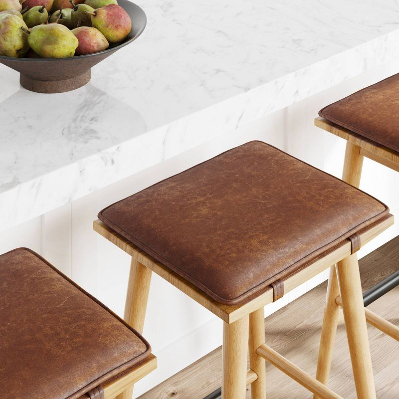 Nathan James Barker Wood Cushioned Counter Height Barstool Warm Pine/Chestnut: Upholstered Rectangle, 250lb Capacity