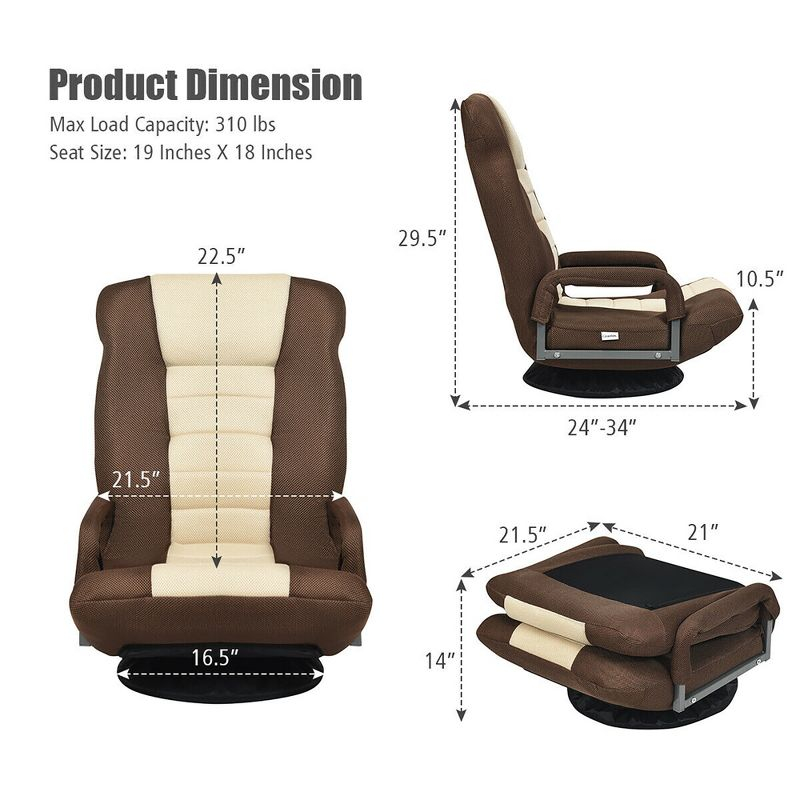 Costway 360-Degree Swivel Gaming Floor Chair with Foldable Adjustable Backrest Brown