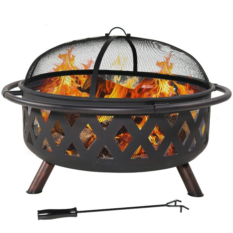 Sunnydaze Outdoor Camping or Backyard Round Crossweave Cut Out Fire Pit with Spark Screen, Log Poker, and Cover - 36"