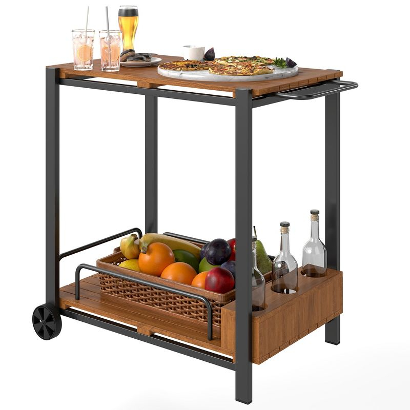 Outsunny Acacia Wood Outdoor Bar Cart with Wheels, Rolling 2-Tier Coffee & Drink Cart with 3 Bottle Holders, Outdoor Serving Cart for Patio, Teak