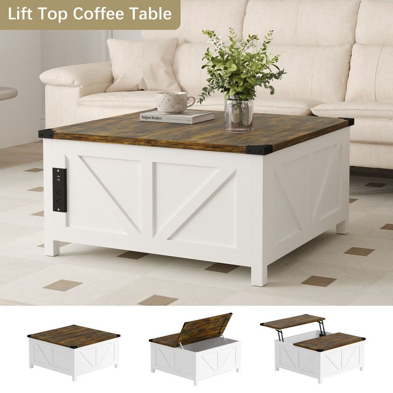35'' Farmhouse Lift Top Coffee Table, Coffee Table with Storage and Large Hidden Storage, Square Coffee Table with Charging Station&USB Ports
