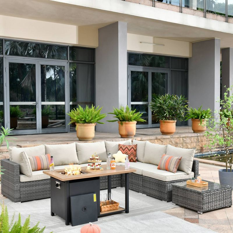 Ovios Venice 8pc Wicker Outdoor Patio Furniture Set Conversation Sofa with a Storage Fire Pit and Navy Blue Cushions
