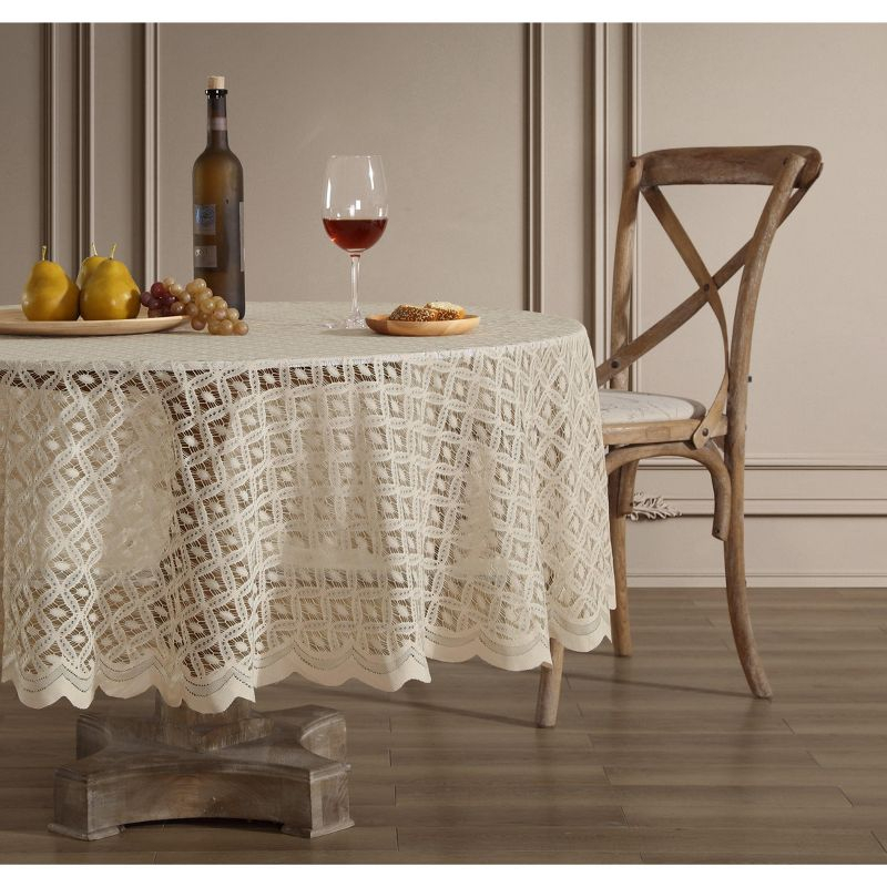 HLC.ME Alona Lace Fabric Table Cloth for Round Tables, Wrinkle Resistant, Patterned Scalloped Tablecloth - Linen, 70 Round