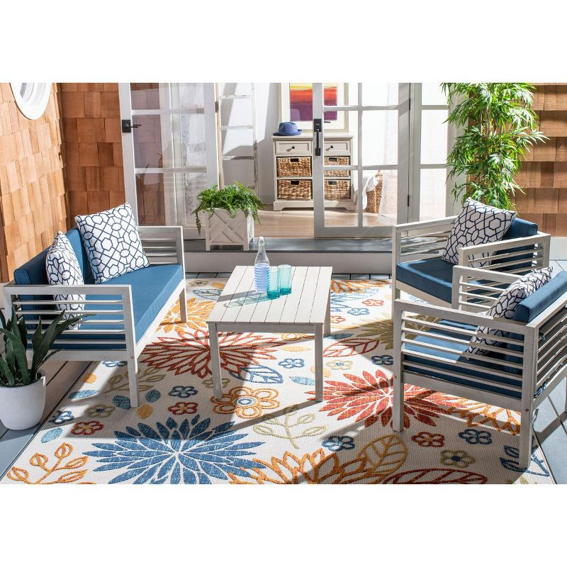Alda 4 Piece Patio Outdoor Conversation Set With Accent Pillows - White/Navy/White - Safavieh