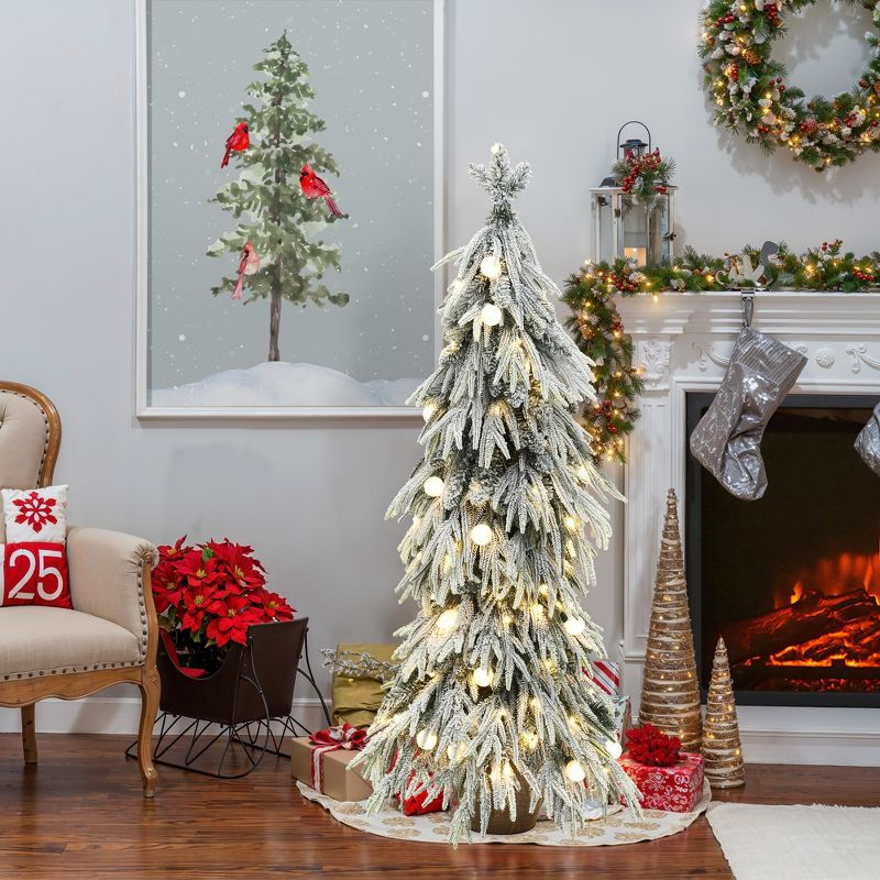 LuxenHome 4.5Ft Pre-Lit Snow Flocked Slender Fir Artificial Christmas Tree Green