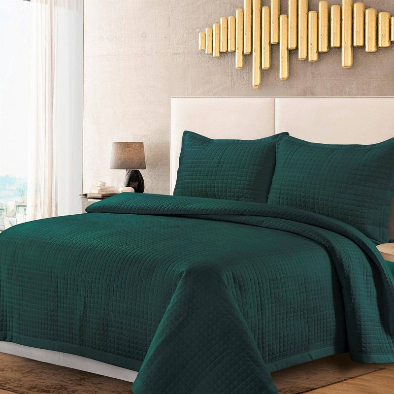 Twin Naples Microfiber Quilt Set Teal - Tribeca Living: Includes 1 Sham, Box Quilting Design, All Ages