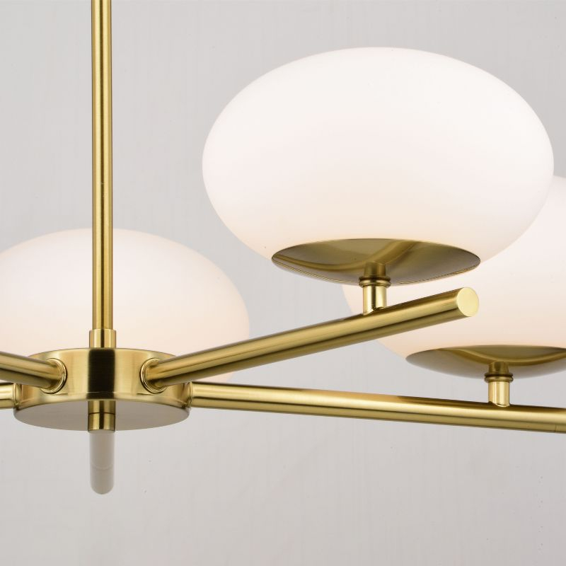 VAXCEL Sloane 5 Light LED Gold Satin Brass Mid-Century Modern Chandelier with White Glass Globes