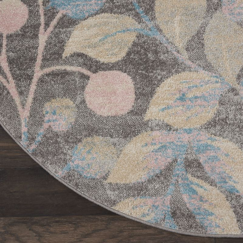 Nourison Tranquil 5'3" X ROUND (5' Round) Grey/Beige Area Rug Contemporary Botanical Vine and Bloom by Nourison