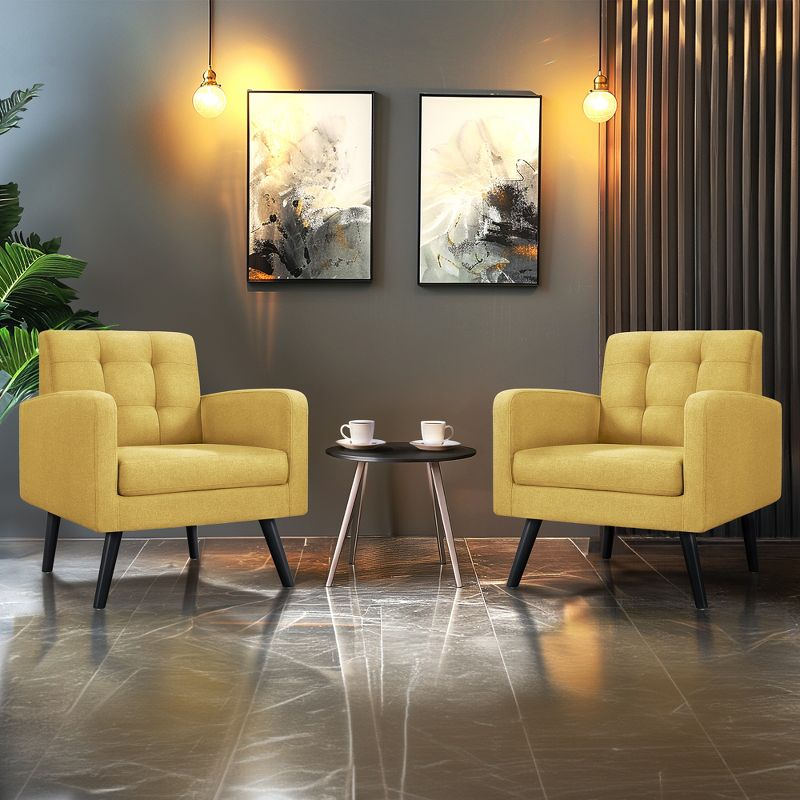 Yaheetech Set of 2 Mid Century Tufted Back Accent Arm Chair with Rubberwood Legs, Yellow
